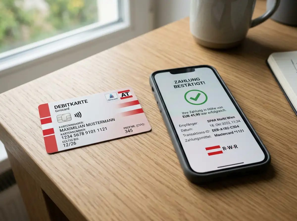 Österreichische Bankkarte neben einem Smartphone mit Zahlungs-App auf einem Schreibtisch