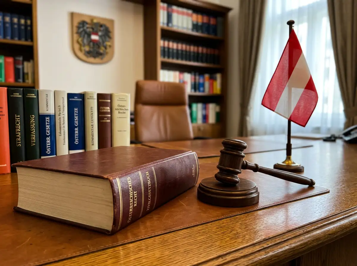 Gesetzbuch und Richterhammer auf einem Schreibtisch mit österreichischer Flagge im Hintergrund