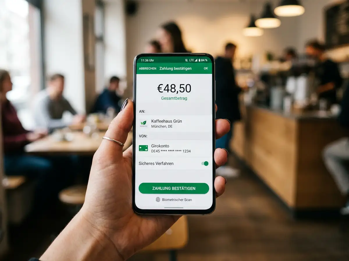 Smartphone mit geöffneter Zahlungs-App in der Hand vor einem unscharfen Hintergrund