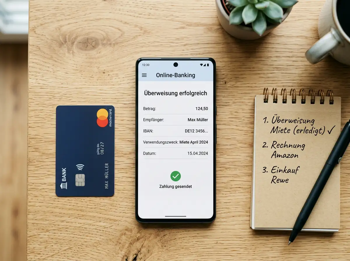 Smartphone mit Online-Banking-App und Bankkarte auf einem Schreibtisch als Symbol für Sportwetten-Auszahlungen