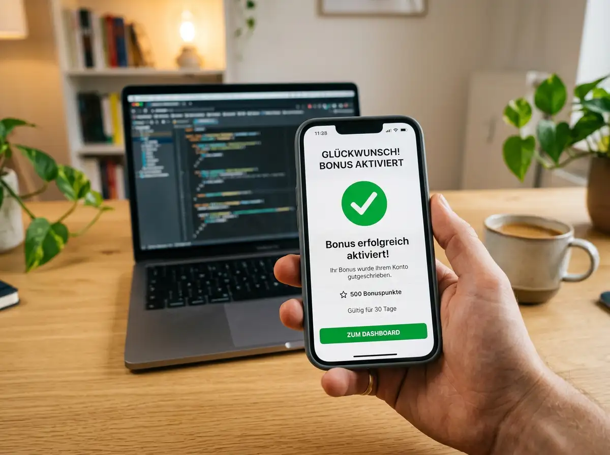 Hand hält Smartphone mit Bonusangebot auf dem Bildschirm vor einem Laptop