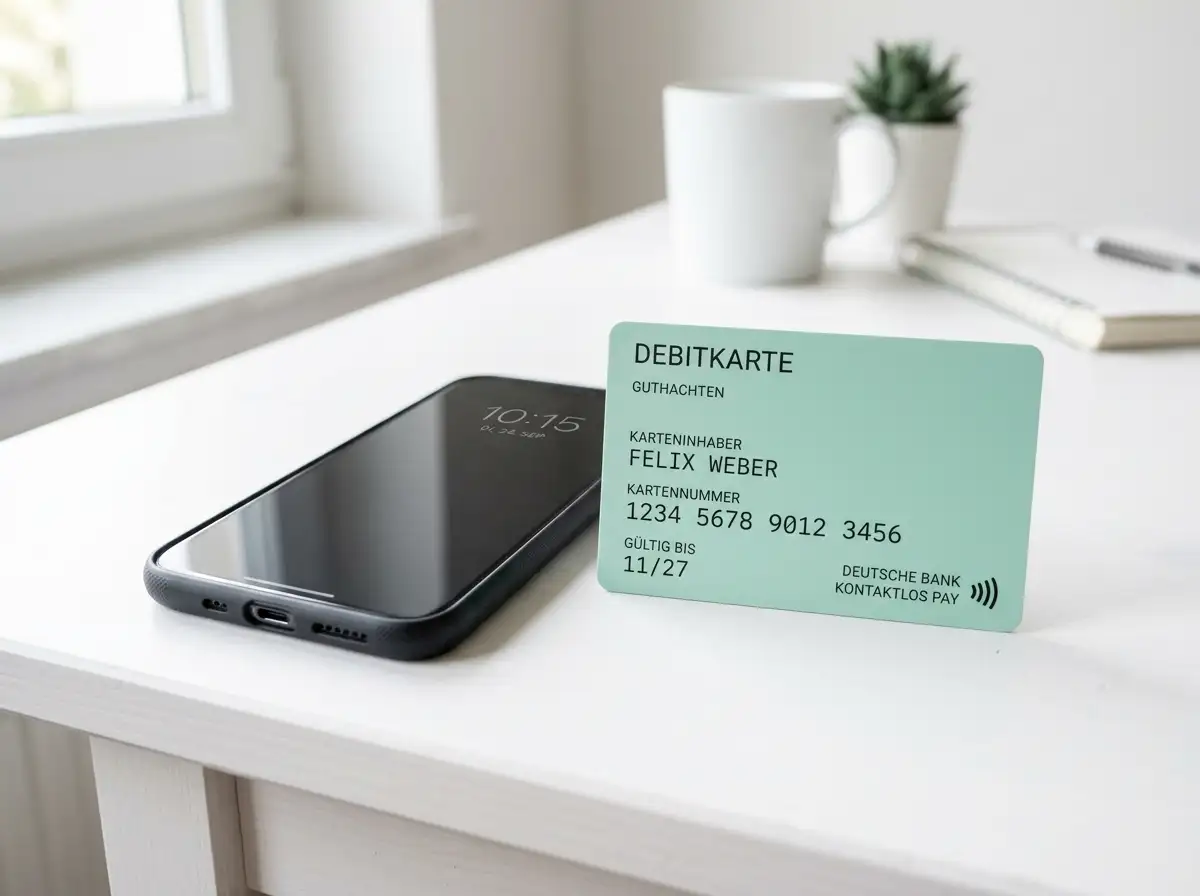 Moderne Bankkarte neben einem Smartphone auf einem hellen Schreibtisch