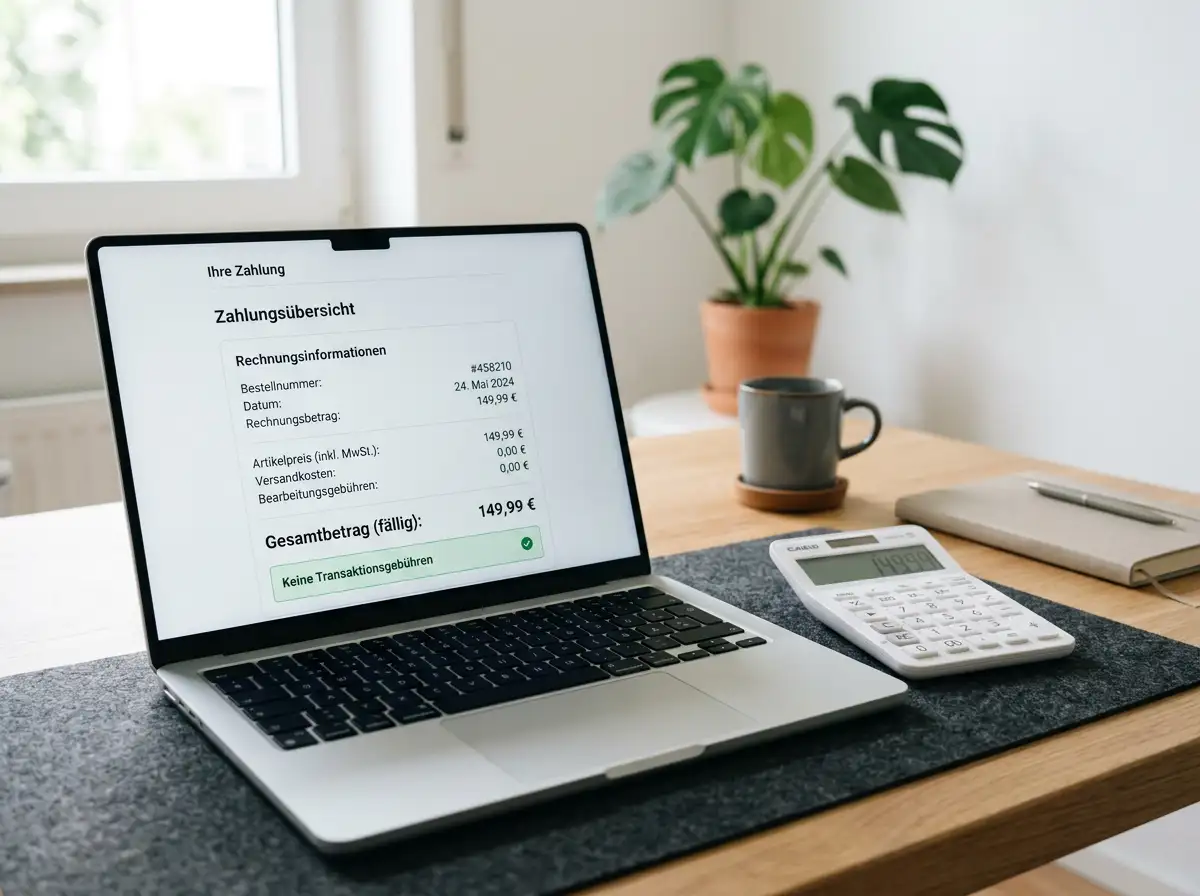Laptop mit geöffneter Zahlungsübersicht und Taschenrechner auf einem Schreibtisch
