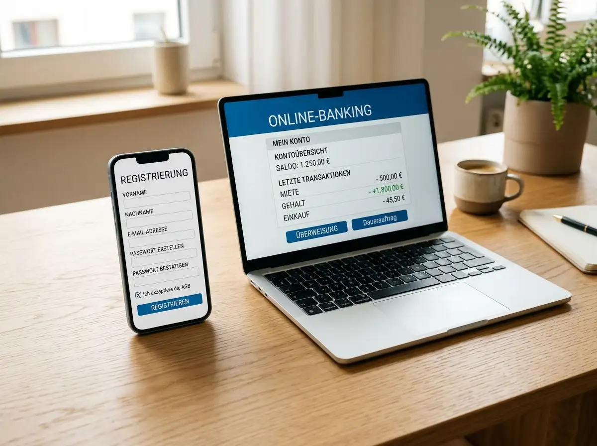 Smartphone mit Registrierungsformular neben einem Laptop mit Online-Banking
