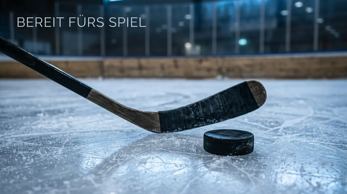 Eishockeyschläger und Puck auf einer Eisfläche in einer Arena