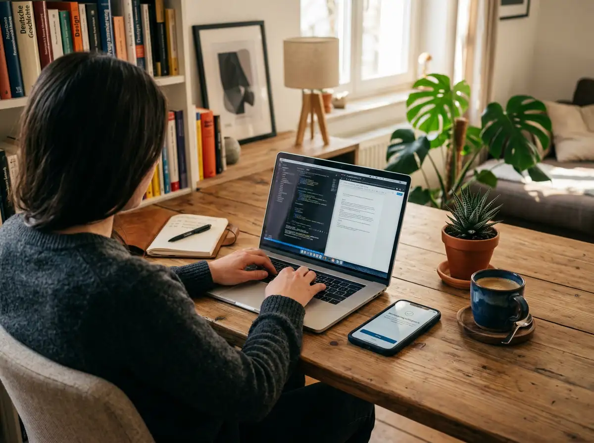 Person am Laptop mit Smartphone daneben beim Testen einer Online-Einzahlung