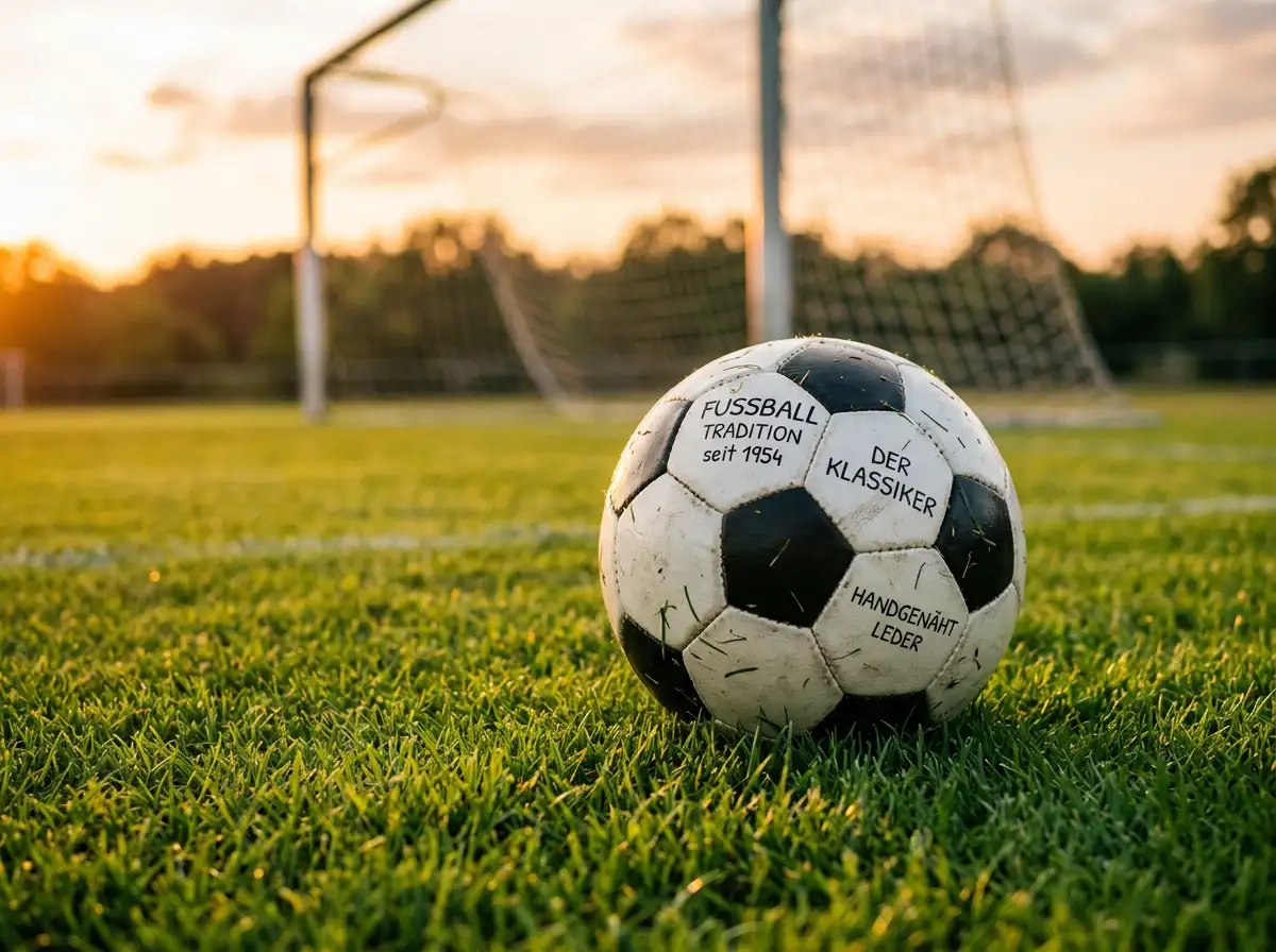 Fußball auf grünem Rasen eines Fußballfeldes mit Tornetz im Hintergrund