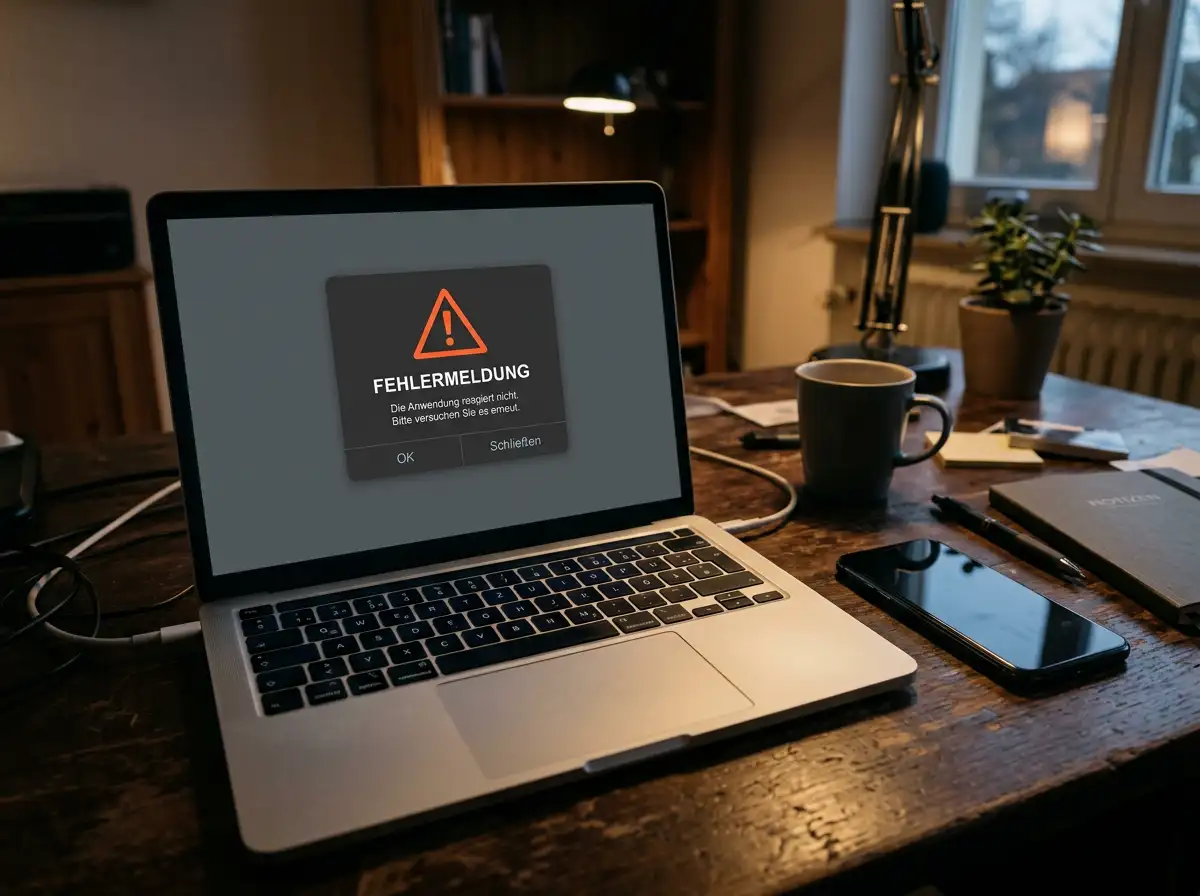 Laptop mit Fehlermeldung auf dem Bildschirm und Smartphone daneben