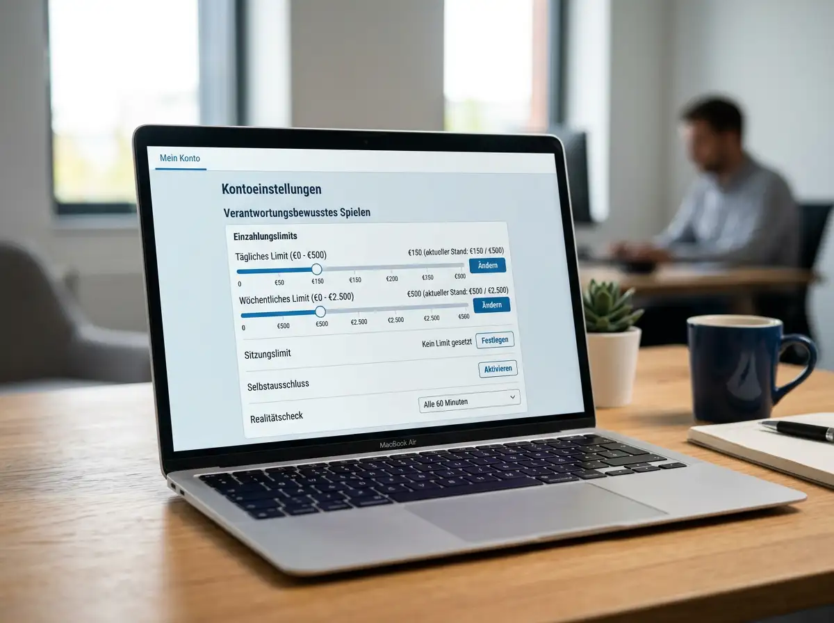 Laptop mit Einstellungsseite für Einzahlungslimits auf dem Bildschirm