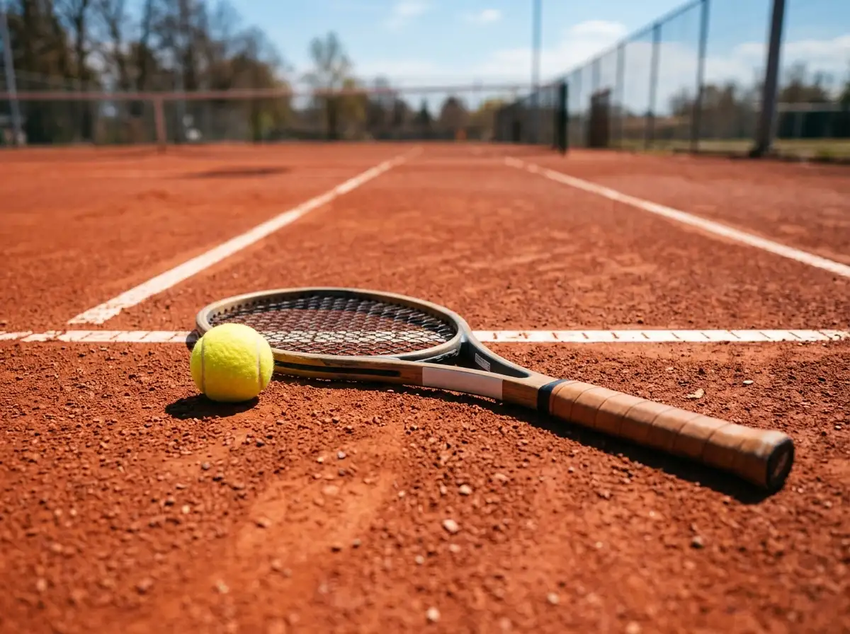 Tennisschläger und Tennisball auf einem roten Sandplatz
