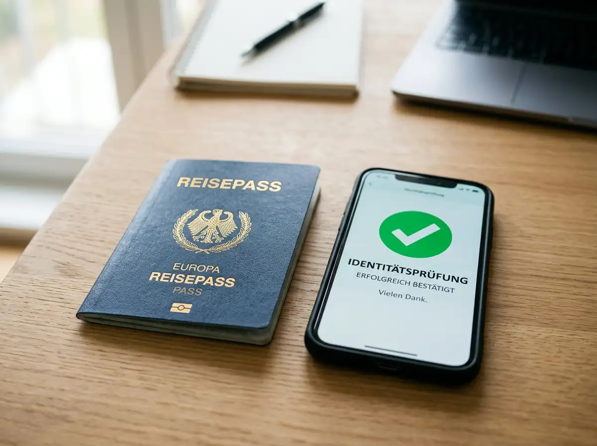 Reisepass und Smartphone mit Verifizierungs-App auf einem Schreibtisch