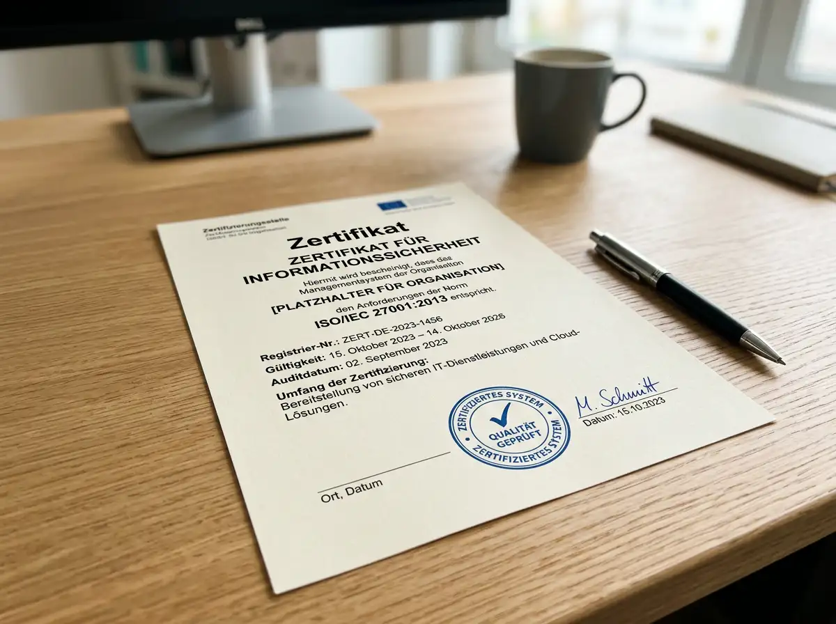 Sicherheitszertifikat-Dokument mit Prüfsiegel auf einem Schreibtisch