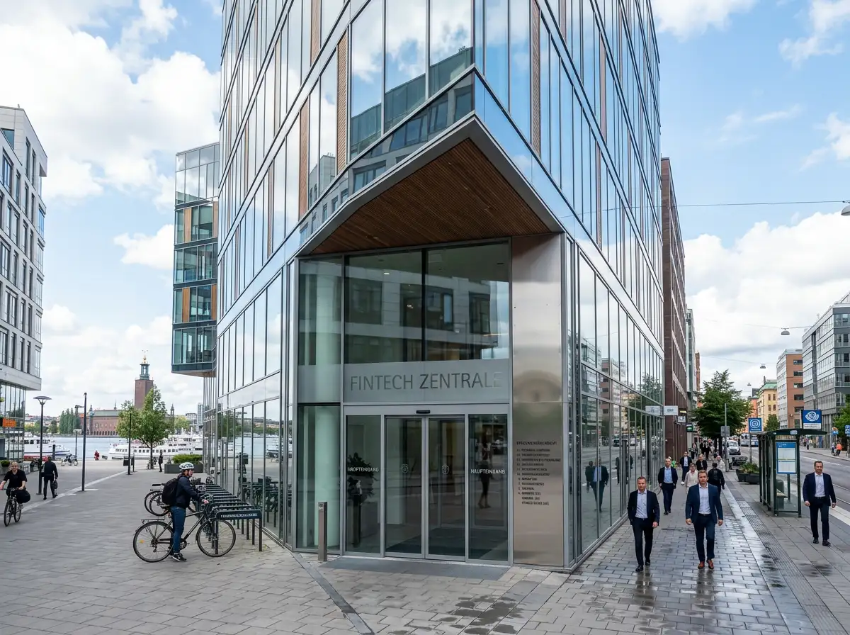 Modernes Bürogebäude eines Fintech-Unternehmens mit Glasfassade
