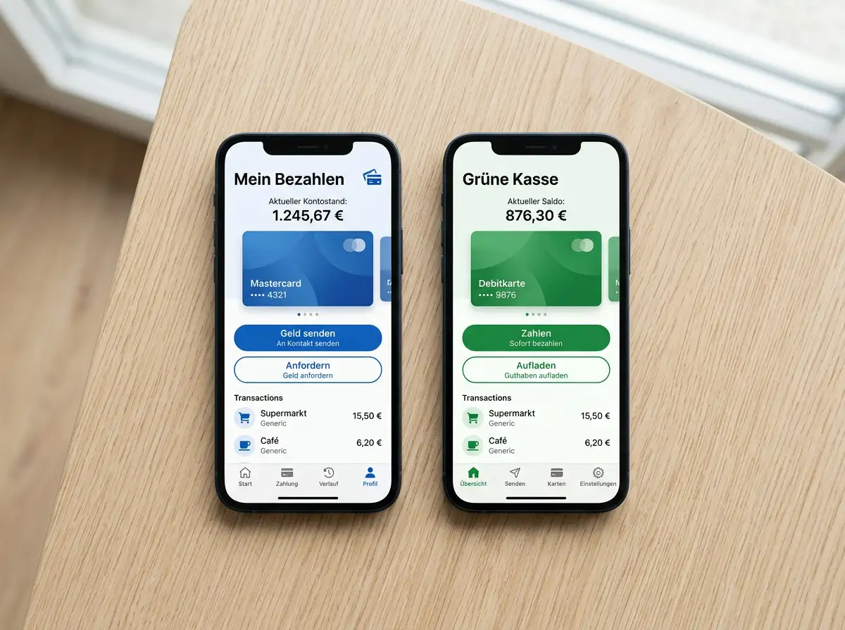 Zwei Smartphones nebeneinander mit unterschiedlichen Zahlungs-Apps auf dem Bildschirm
