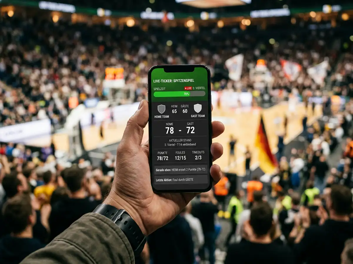 Smartphone mit Live-Sportergebnis auf dem Bildschirm in einer Hand