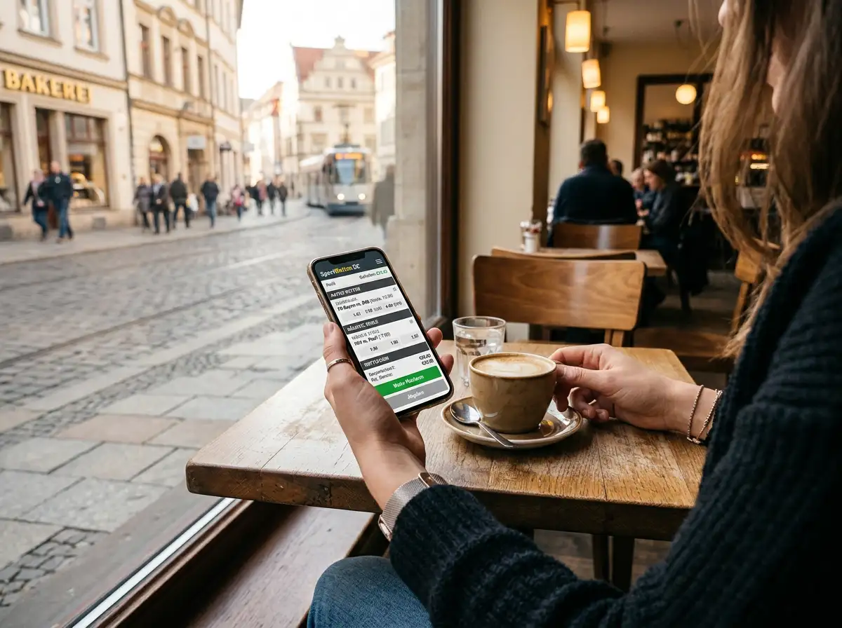 Person hält Smartphone mit Wett-App in einem Cafe in Wien