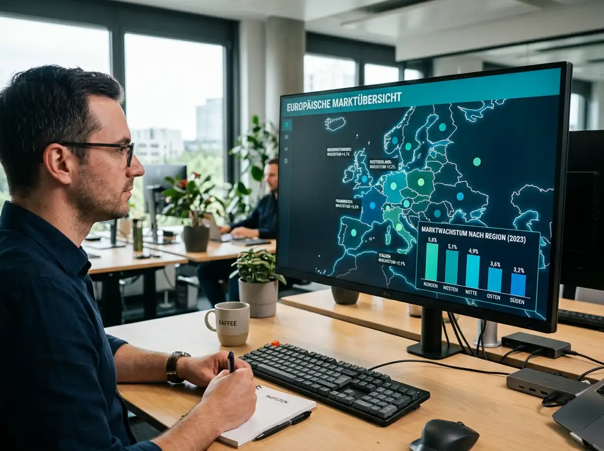 Europakarte auf einem Bildschirm mit farbigen Datenpunkten für verschiedene Märkte