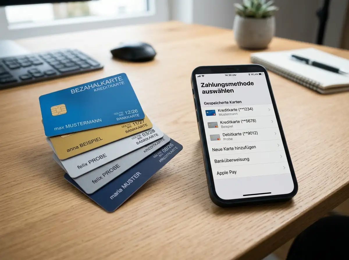 Verschiedene Zahlungskarten und ein Smartphone mit Zahlungs-App auf einem Schreibtisch