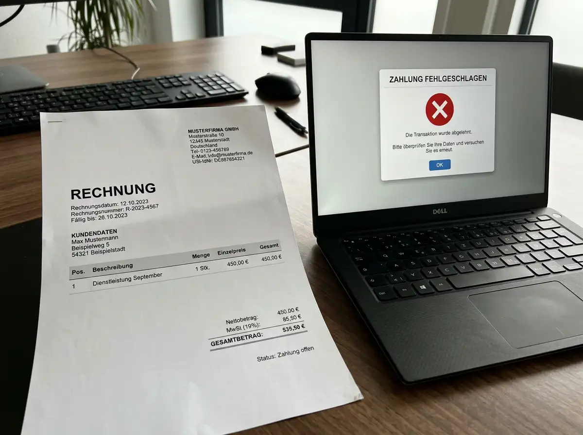 Rechnung auf einem Schreibtisch neben einem Laptop mit einem roten X-Symbol auf dem Bildschirm