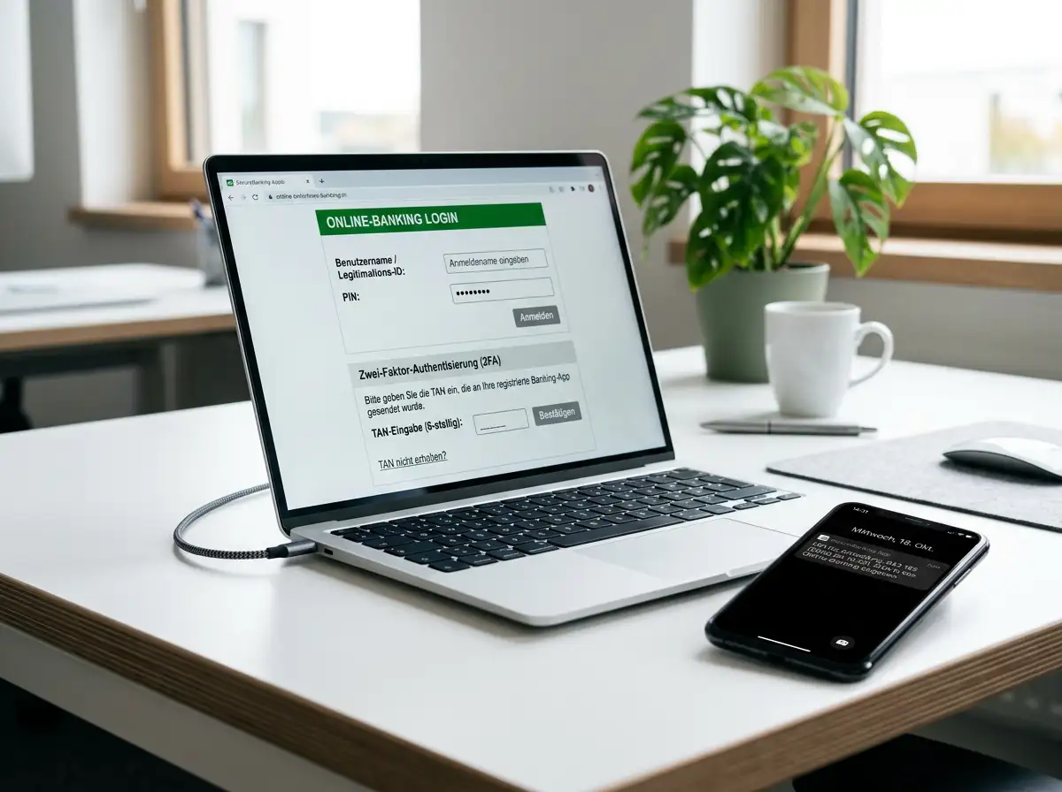 Laptop mit Online-Banking-Oberfläche und TAN-Eingabe auf dem Bildschirm